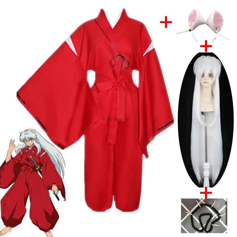 

Halloween Carnival Funny Anime Costumes Inuyasha Cosplay Costume Red Suit White Wig One Pair Ear Necklaces Coldker, Shown