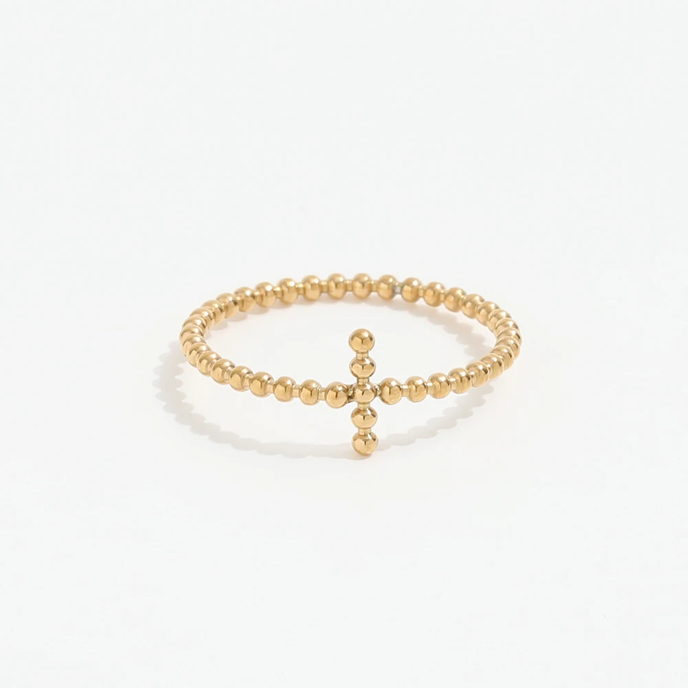 High End Pvd Gold Plated Tiny Dainty Cross  Bead Stainless Steel Rings for Women Trendy Jewelry Wholesale