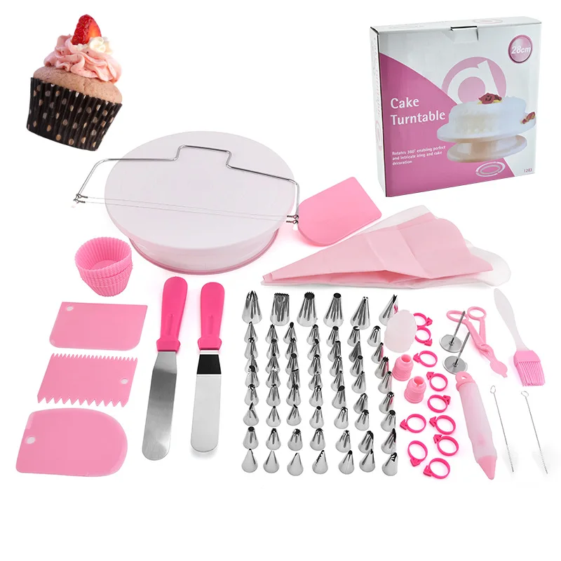 

154 pcs kitchen baking cake turn table non-slip turntable decorating tip piping bag tool set, As picture