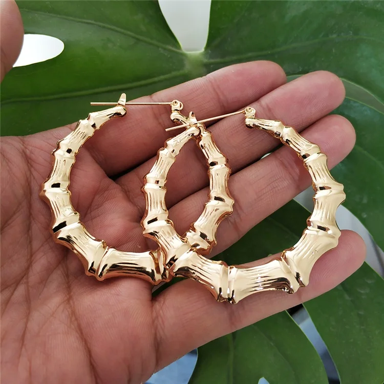 

2021 Trendy Bamboo Hoop Earrings Women Gold Silver Color Classic Jewelry, Picture