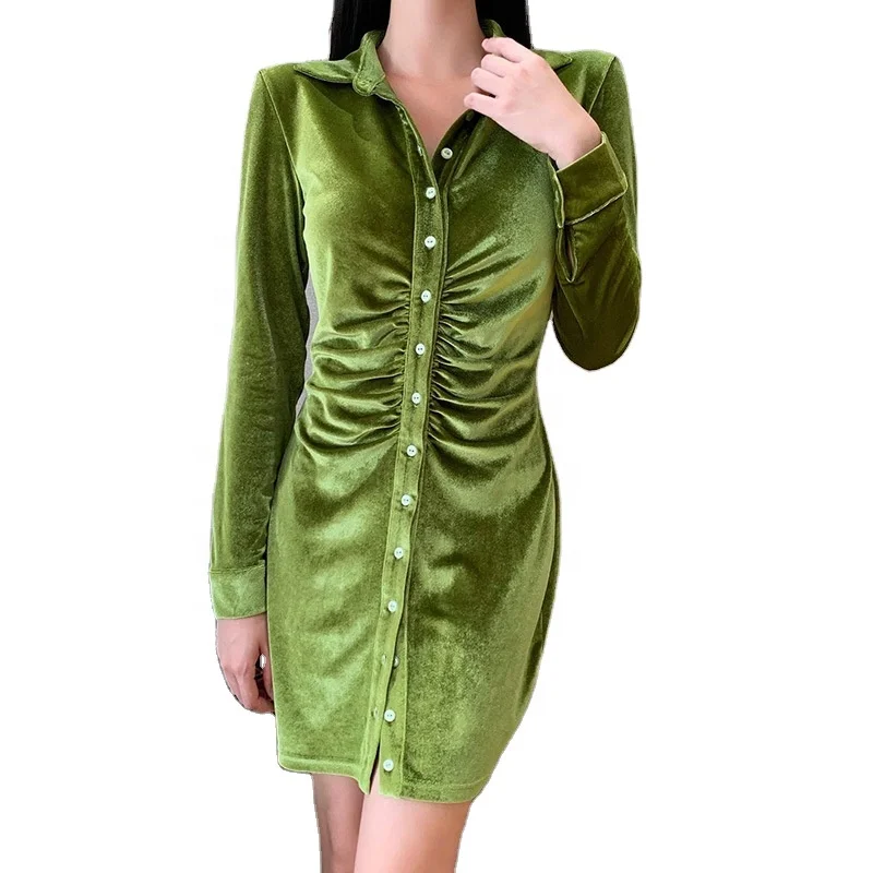 

Wholesale 2021 fashion hot dress shirt women's casual ruched button up velvet dress shirt long sleeve