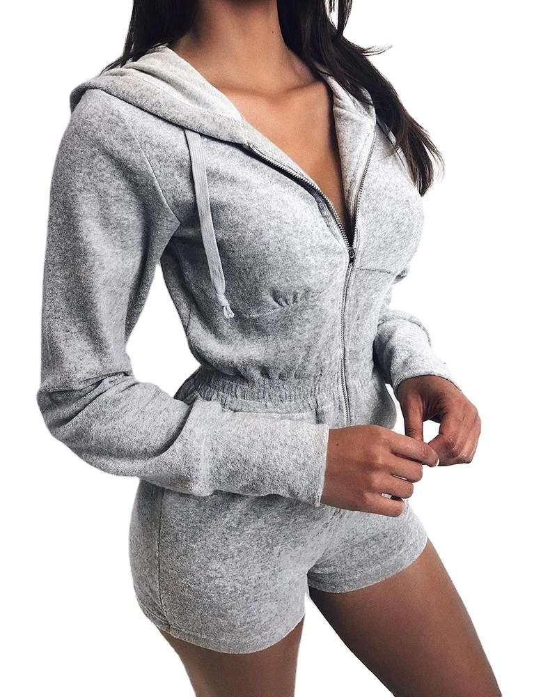 

Fashion solid color hooded zipper short Sexy Bodycon Women Jumpsuits And Rompers