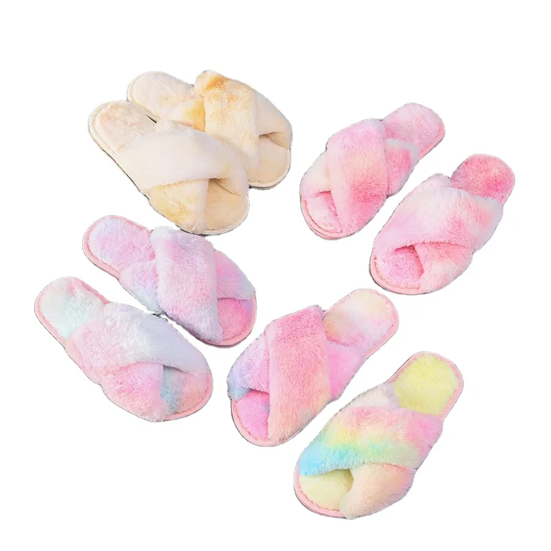 

2021 Autumn And Winter Style Bathroom Footwear Women House Shoe Casual Furry Shoes Cross Plush Slipper Rainbow Cotton Slippers, 4 colors to choose