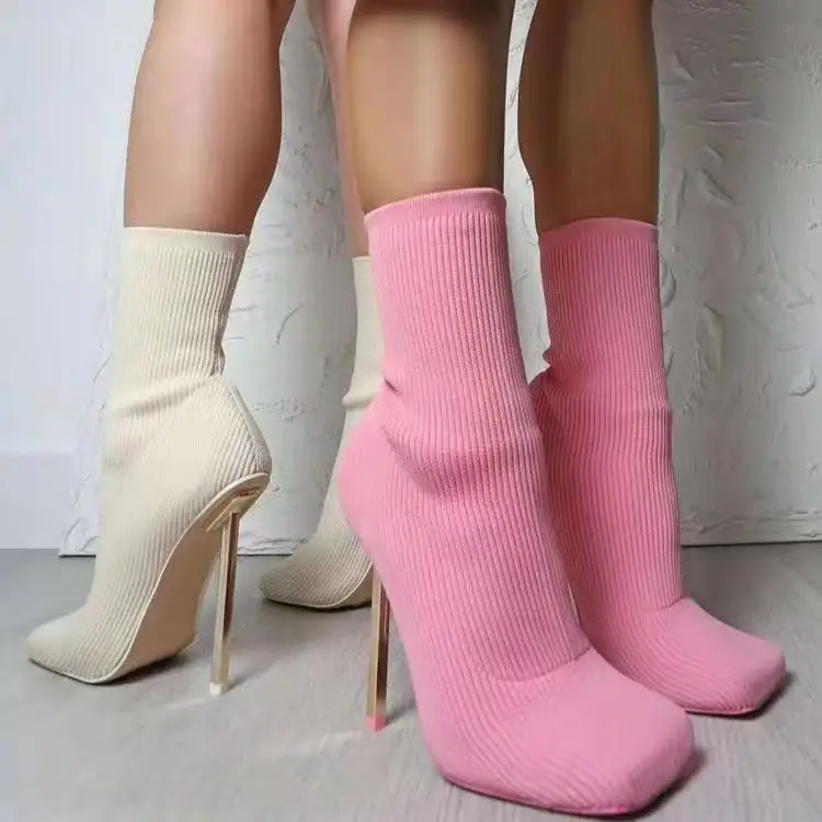 

CS042 new design fly knitted PU shoes winter cheap sexy square high heel boots luxury women heels 2021