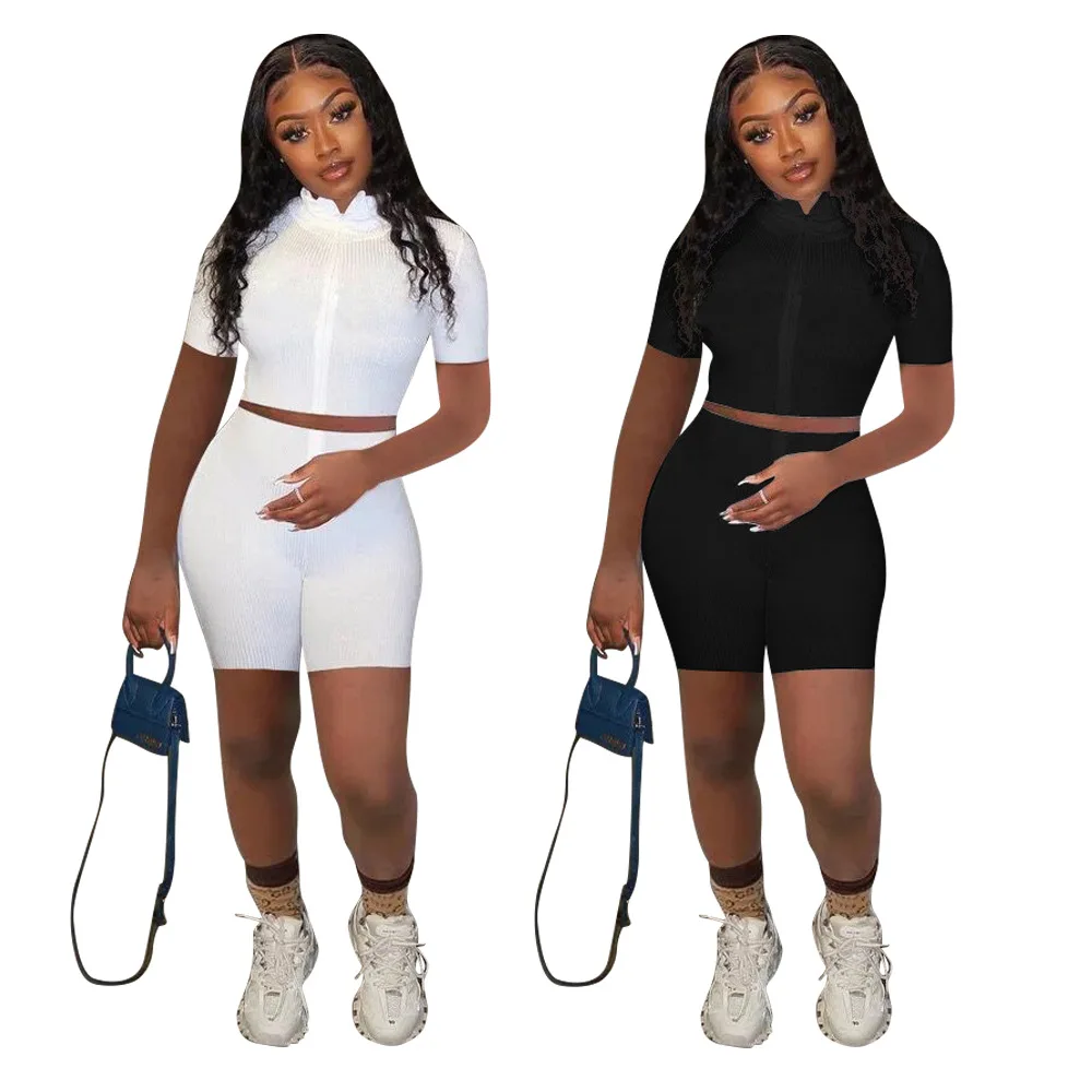 

solid style summer 2021 zipper short sleeve top and short pants summer biker short 2 piece short set, As picture