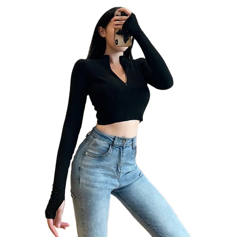 

Black Ladies Sexy Long Sleeve Crop Top Casual Workout Clothing Outfit Apparel shirt, Black/customized