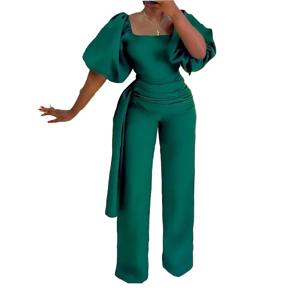 

The factory wholesale New Arrivals 2021 Puff Sleeve Jumpsuits Women Solid Color Wide Leg Pants Casual Slim Fit Office Wear, Picture