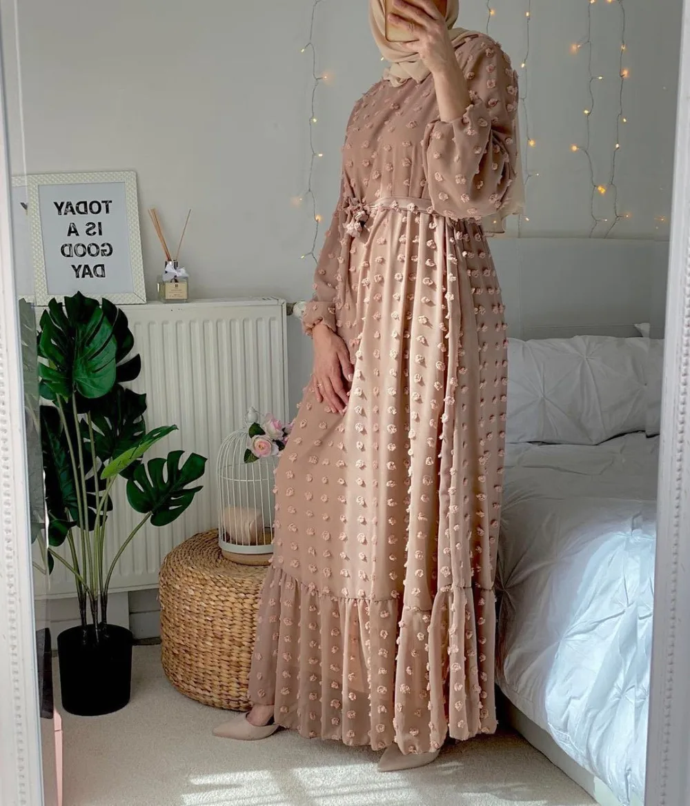 

2021 Abaya Duabi Women Solid Color 3D Pompon Maxi Dress Women O Neck Full Sleeve Muslim Turkey Qtar Oman Arabic Clothing, Black,khaki