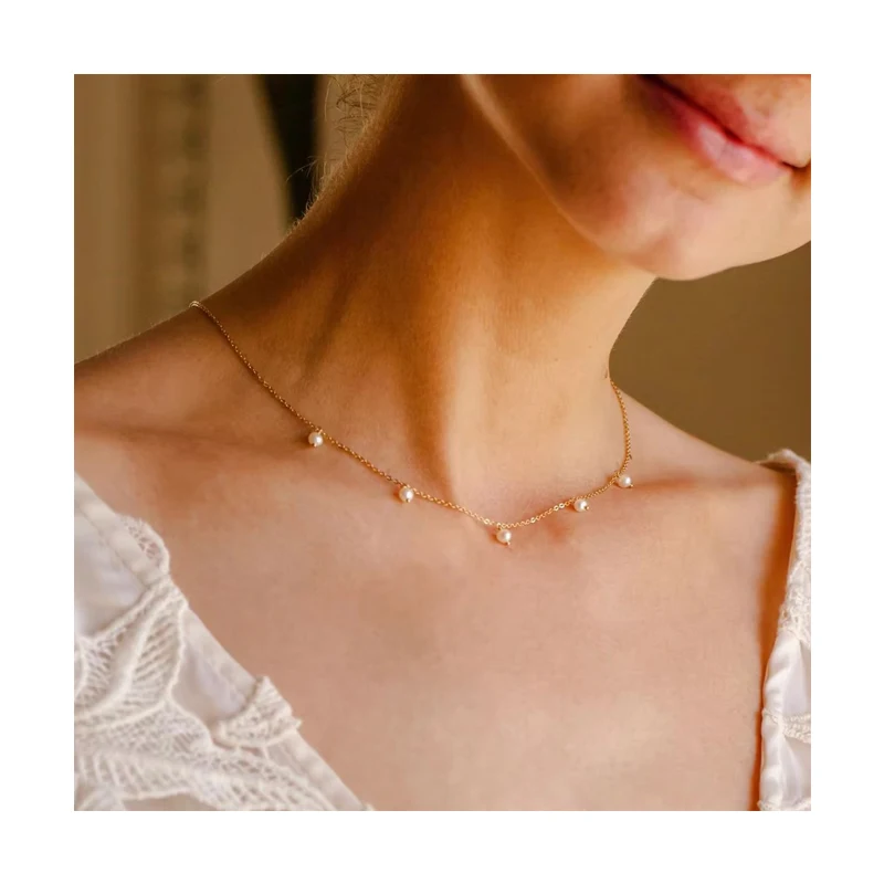 EManco Women's Stainless Steel Necklace Luxury 14k Gold Pearls Tassel Pendant Diamond Chain Trendy Choker for Gifts