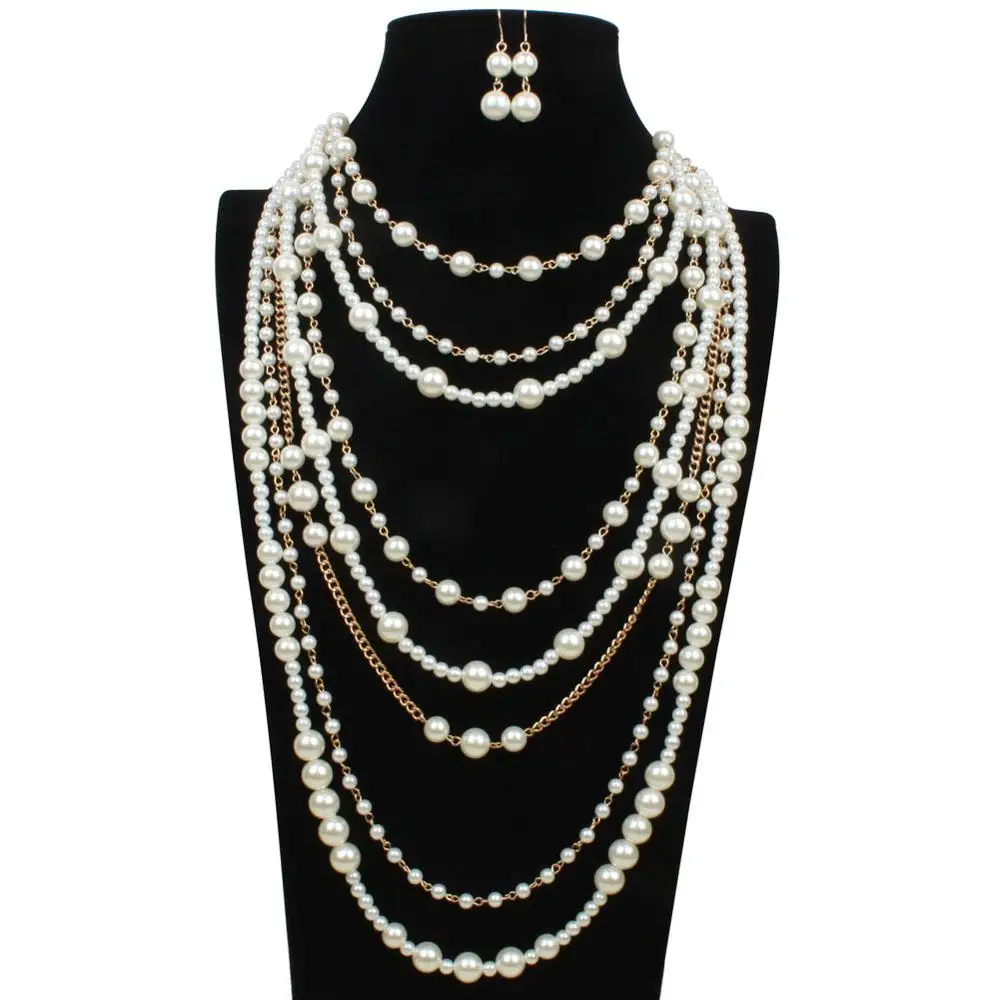 

T6470 Fashion women pearls jewelry set Multi layer pearls Necklace earring set Pearls wedding jewelry set