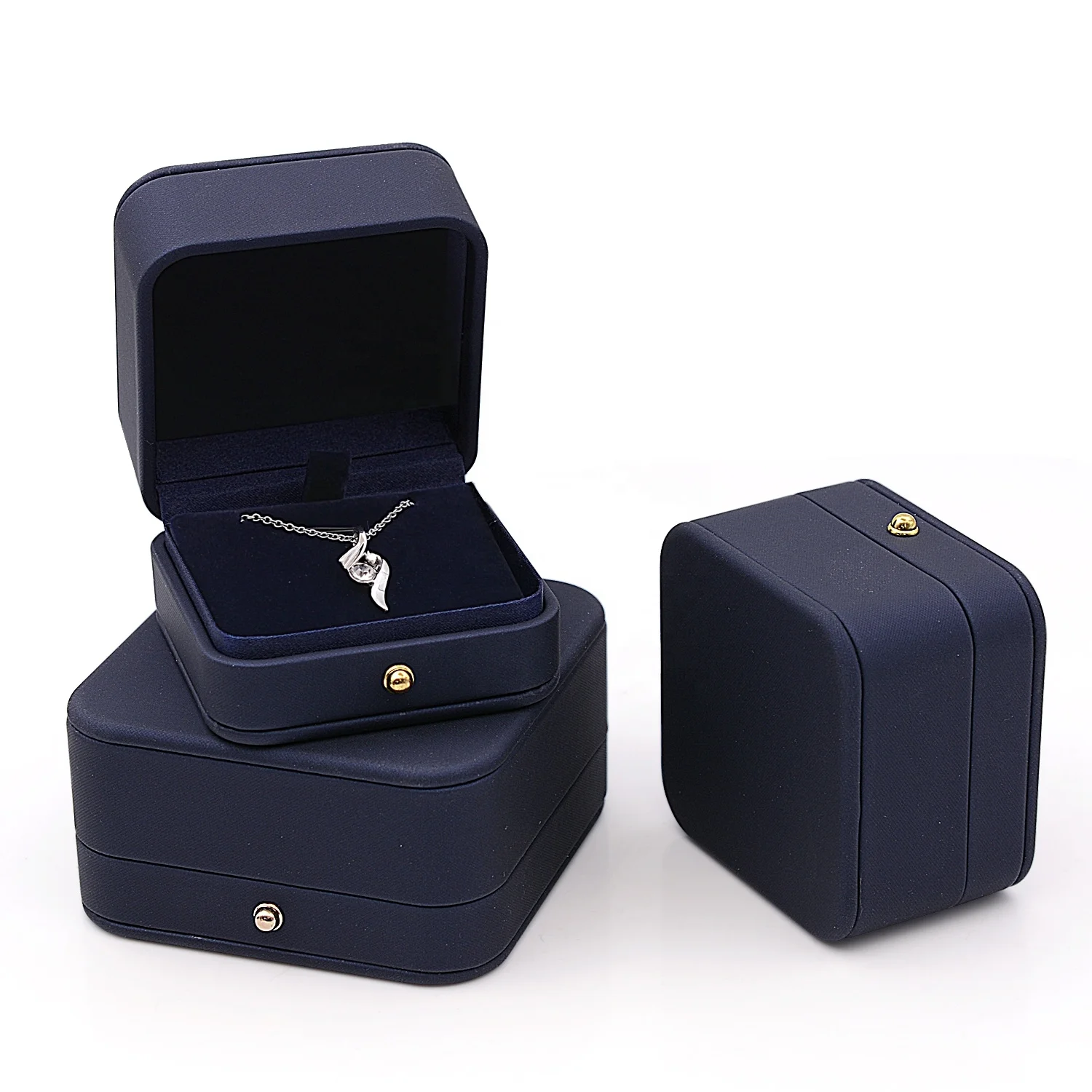 

Elegant PU Leather Jewellery Box Navy Blue Ring Necklace Bangle Jewelry Gift Box Packaging, Customized color