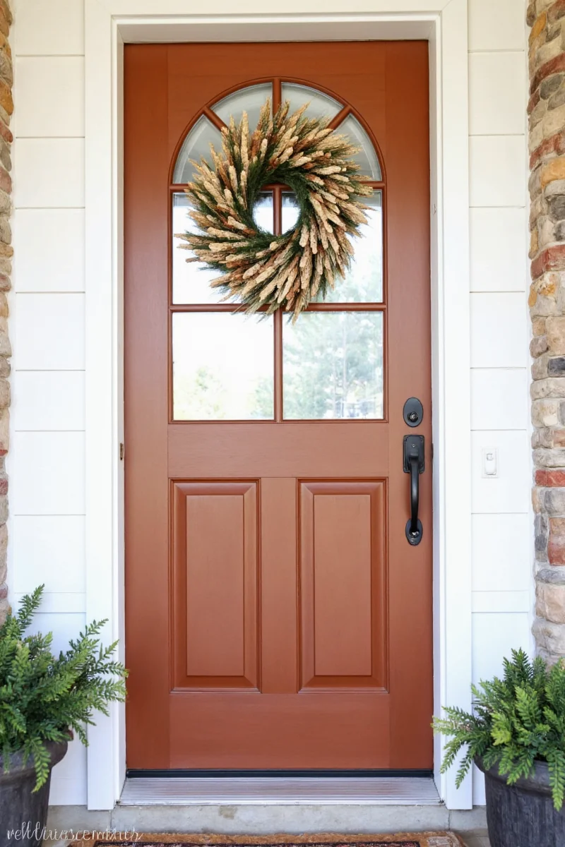 Basket door decorated for spring with floral wreath and pastel doormat