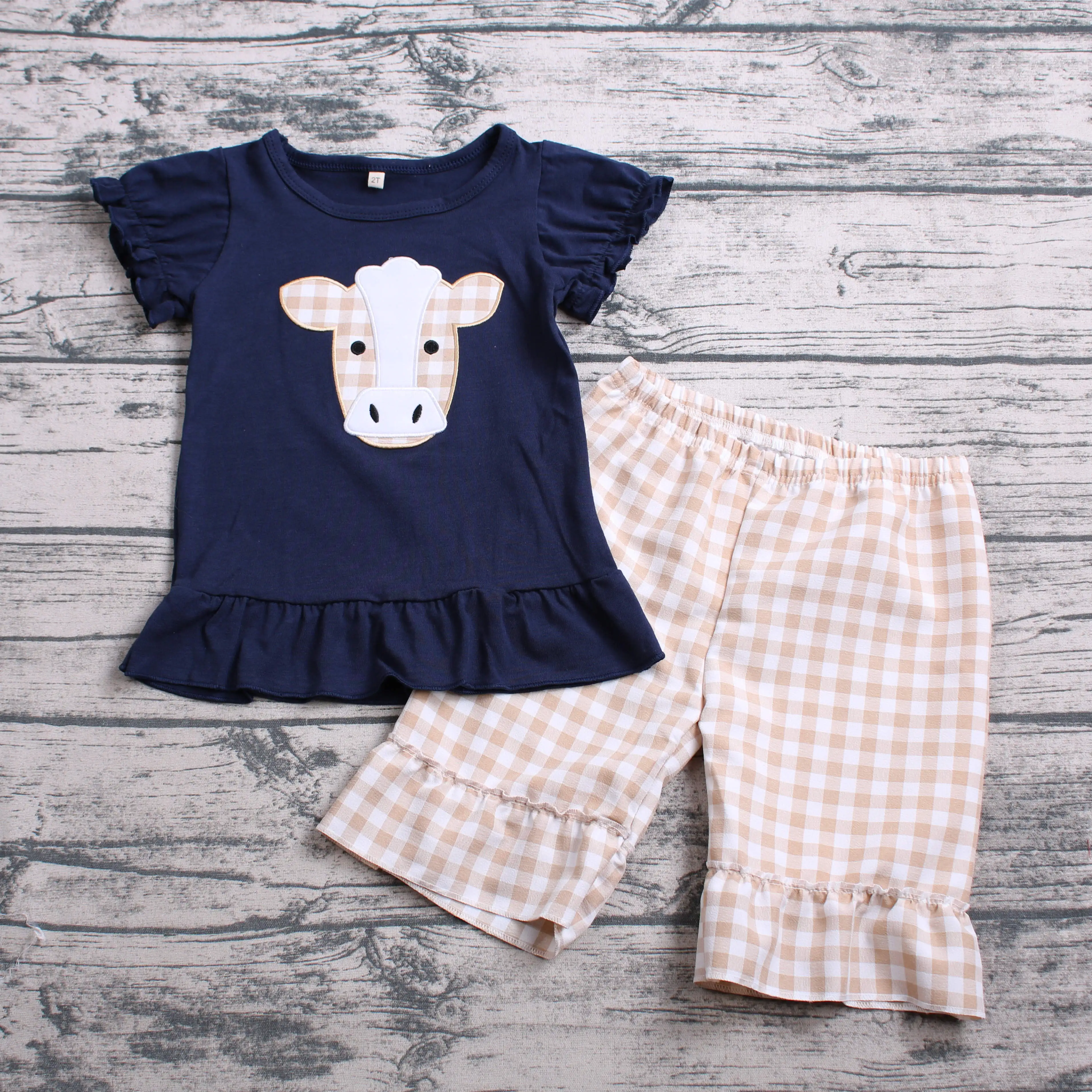 

2020 Children Girls&Boy kid newborn farm cow print embroidery boutique Ruffle top+Bubble silk plaid shorts Sibling Girls set