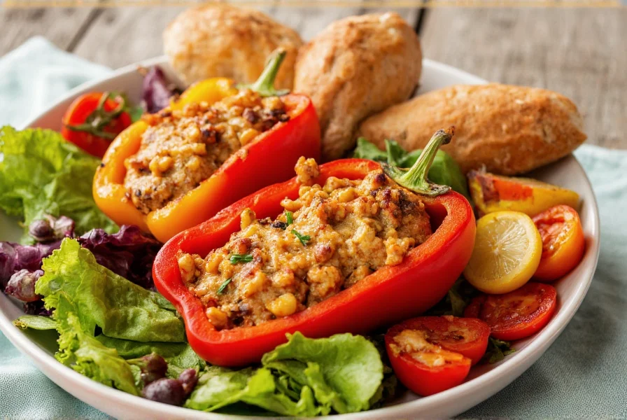 Colorful plate with stuffed bell peppers surrounded by roasted vegetables, salad, and crusty bread