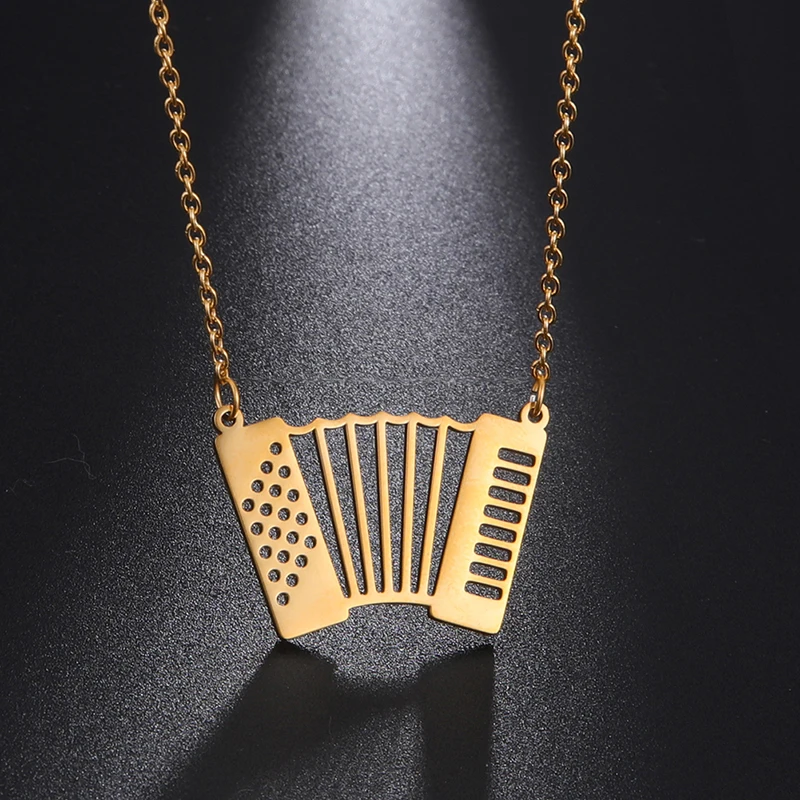 

Elegant Accordion Musical Symbol Pendant Necklace Stainless Steel Real 18k Gold Plated Accordion Necklace Music Charm Jewelry, Steel color, gold, rose gold