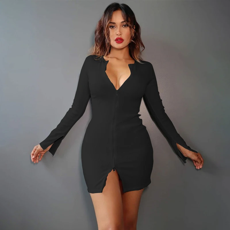 

Hot sale solid long sleeve zippers short custom summer dresses women sexy