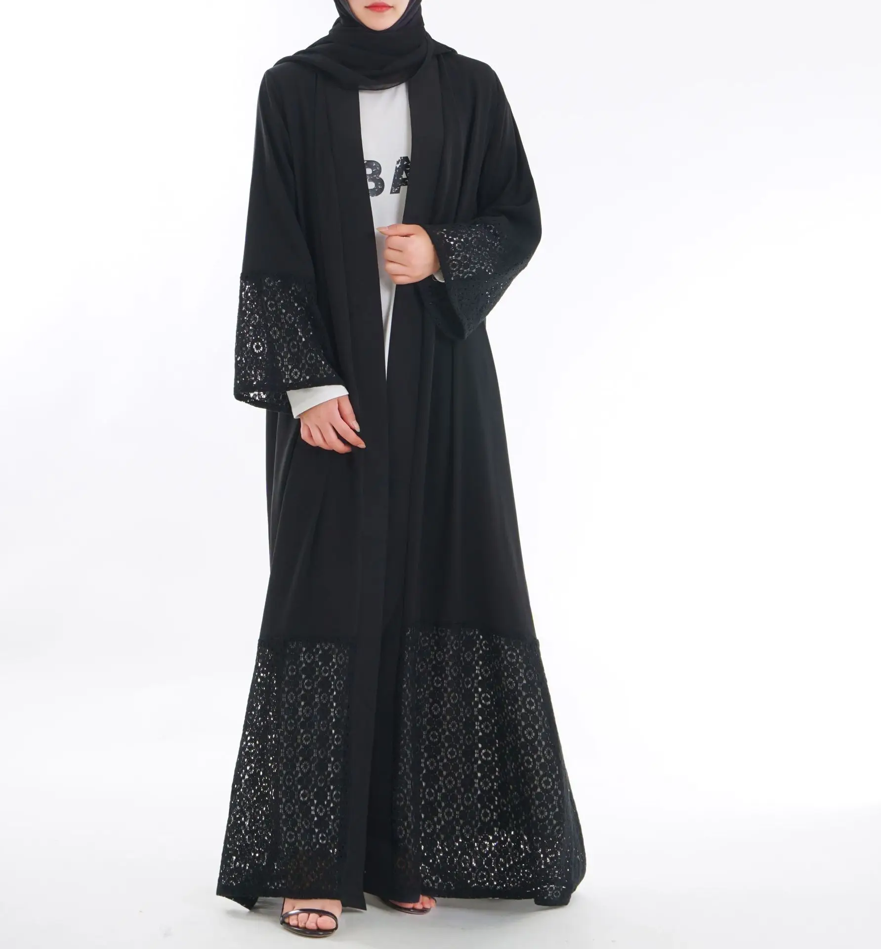 

Slim fishtail dress with stars and auburn chiffon lotus leaf sleeves muslim women dress, Black,pink