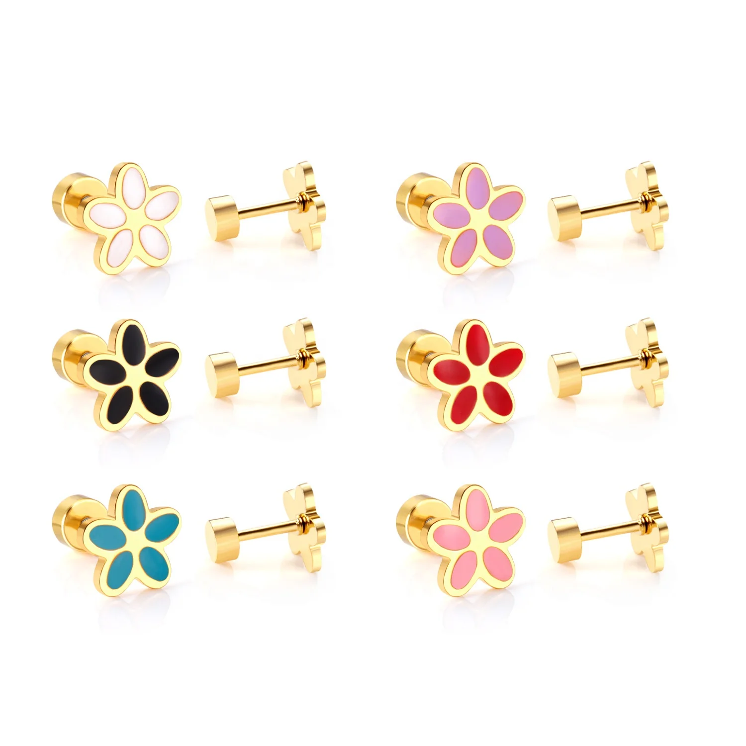 

AsonSteel Custom Jewelry Gold Stainless Steel Enamel Flower Screw Plug Stud Earrings, Gold/silver available