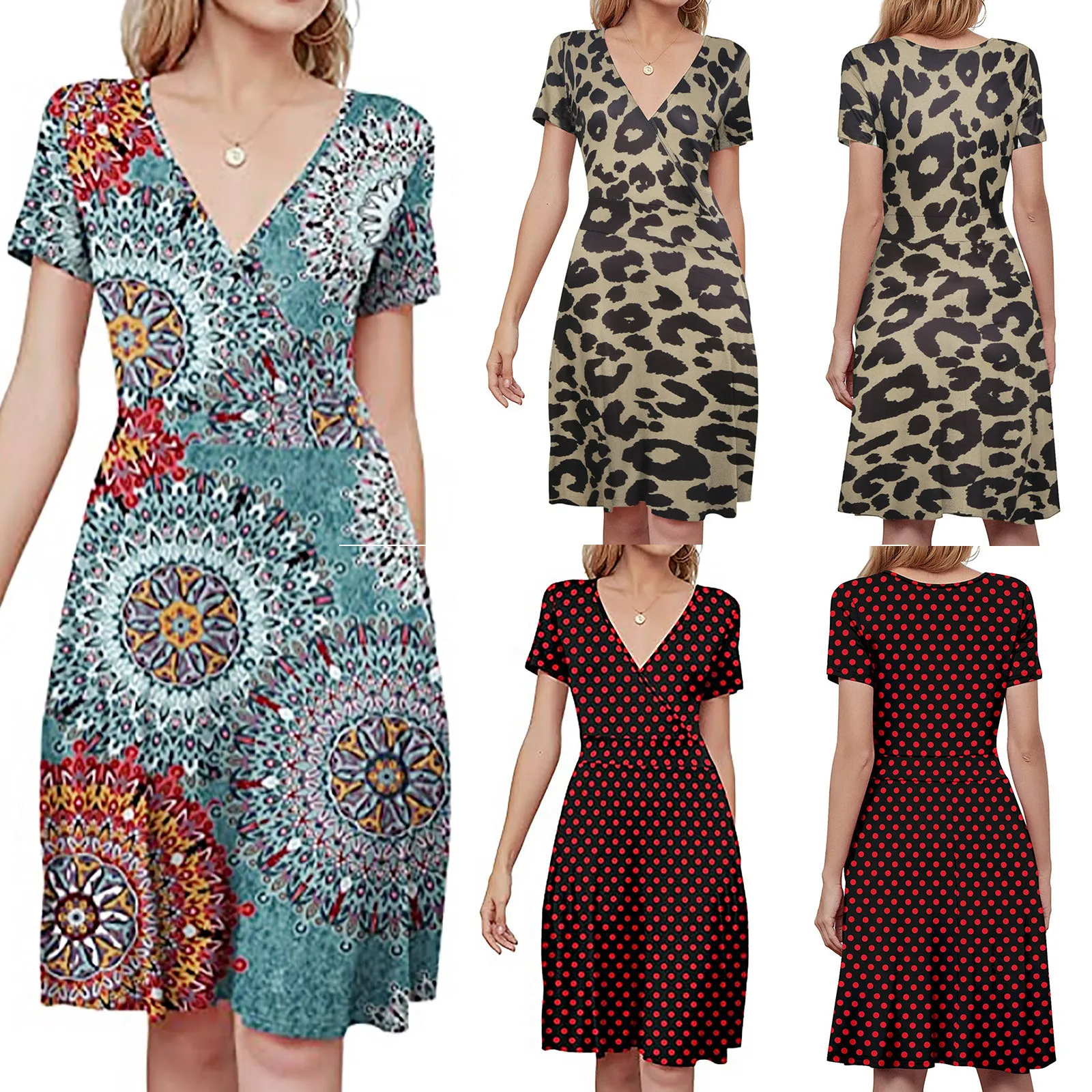 

European and American women's 2021 summer V-neck Short Sleeve Dress Medium Length printed skirt
