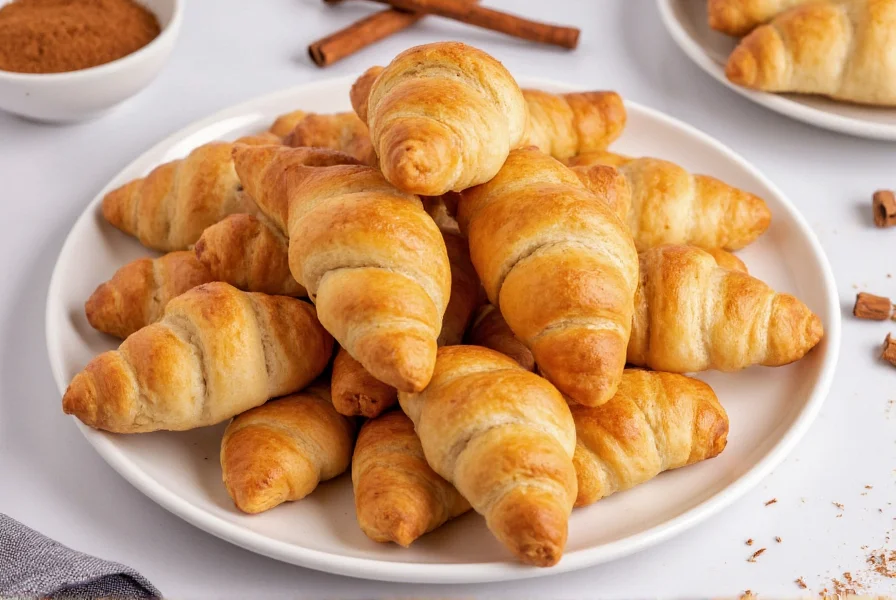 Perfectly golden cinnamon sugar crescent rolls arranged on white ceramic plate with cinnamon sticks and sugar crystals visible