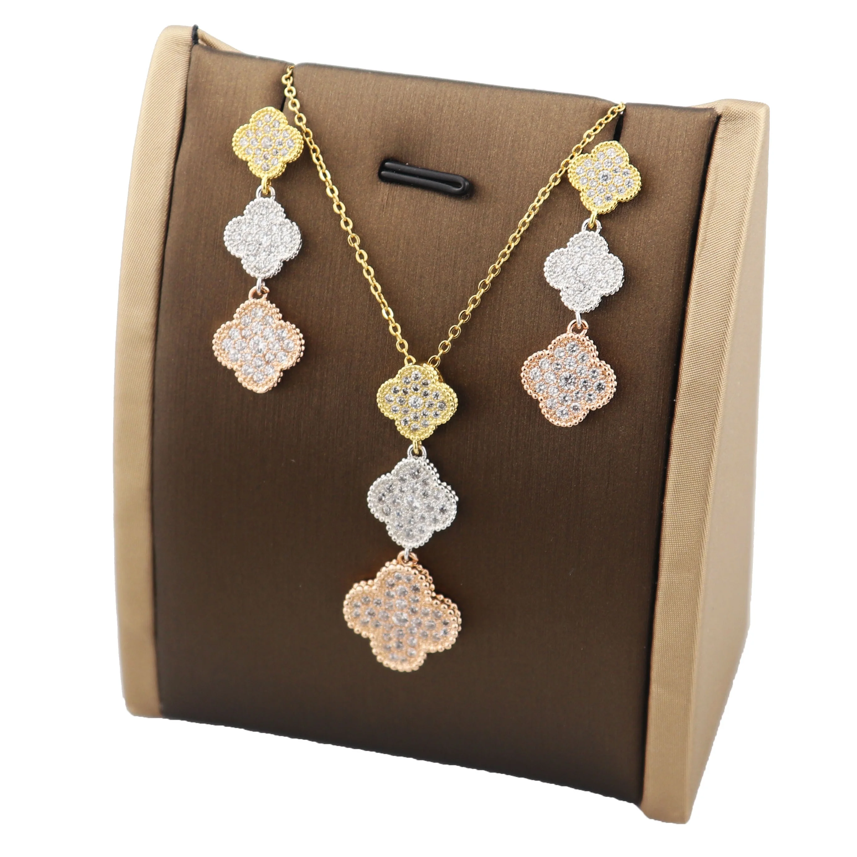 

Fashion classic high quality Tricolor Four leaf necklace earring jewelry women girl set Zircon plated 18k gold jewelry set