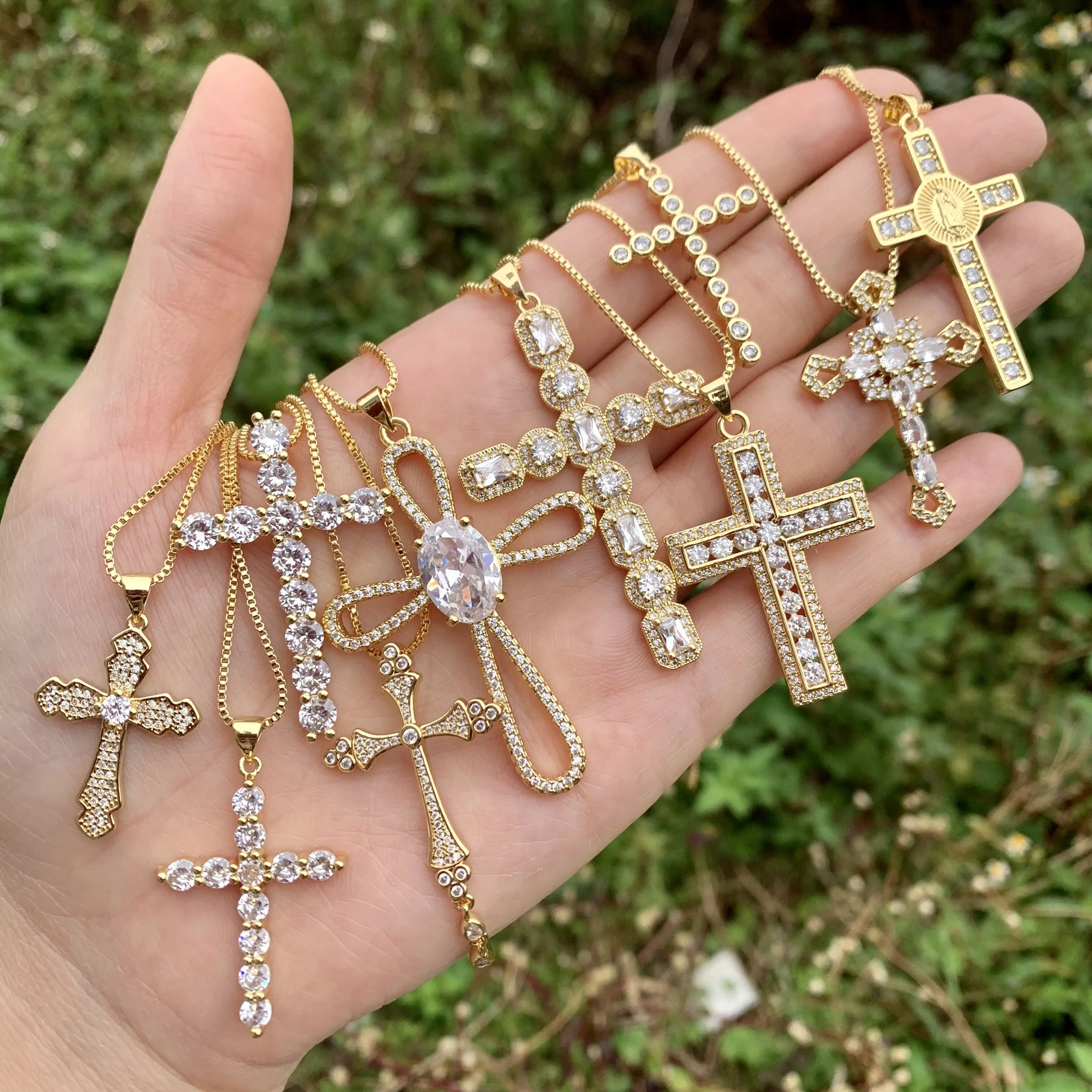 

LS-B1824 Gold Cross shaped pendant necklace amazing cz micro pave necklace cross necklace women men jewelry, As is