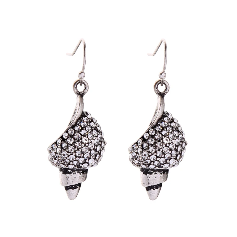 

e9112321 High-grade Seaside Style Long Gorgeous Vintage Silver Conch Cowry Crystal Jewelry Pendant Earrings For Women