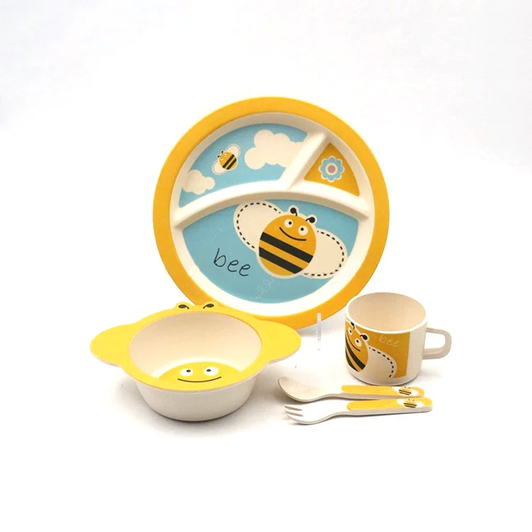 

Eco Yellow Bee Design Cute Cartoon Safe Bamboo Fiber Kid Children Plate Bowl Cutlery Dinnerware Dinner Set, Yelloe