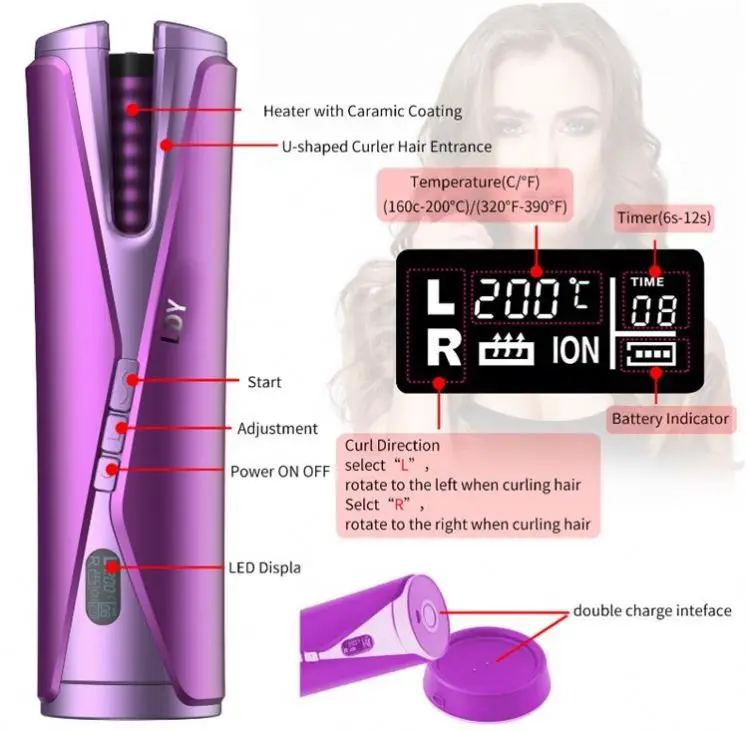 

Portable Electric Wand Curling Iron with LCD Temperature Display Fast Heating Auto Rotating Ceramic Barrel Hair Curler USB Recha, Purple/green