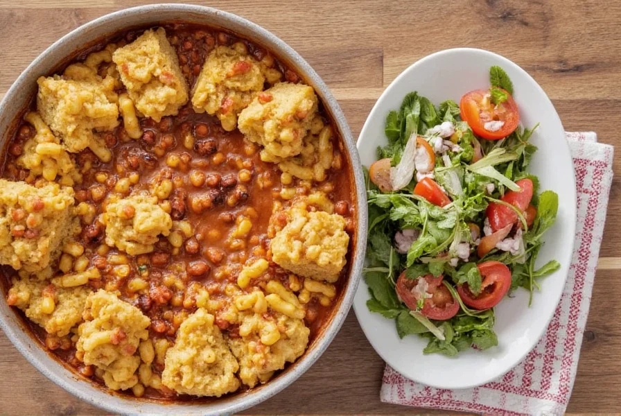 Serving suggestion for mac chili with cornbread and salad on a rustic table