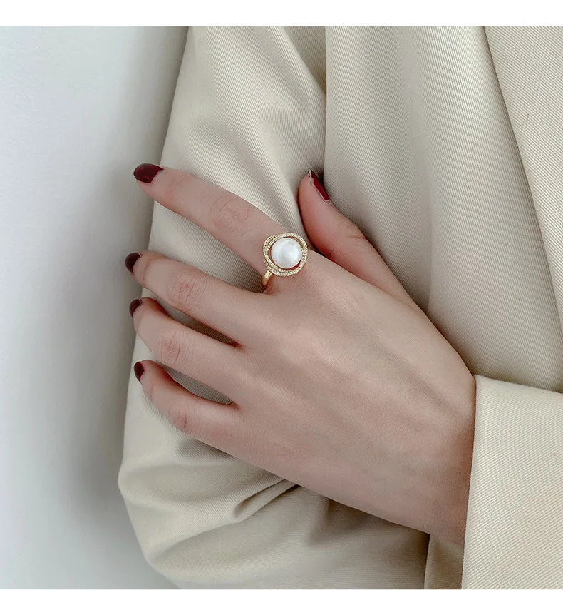 

Women Jewelry Diamond Large Pearl Open Rings 18K Gold Plated Bling Rhinestone Pearls Rings