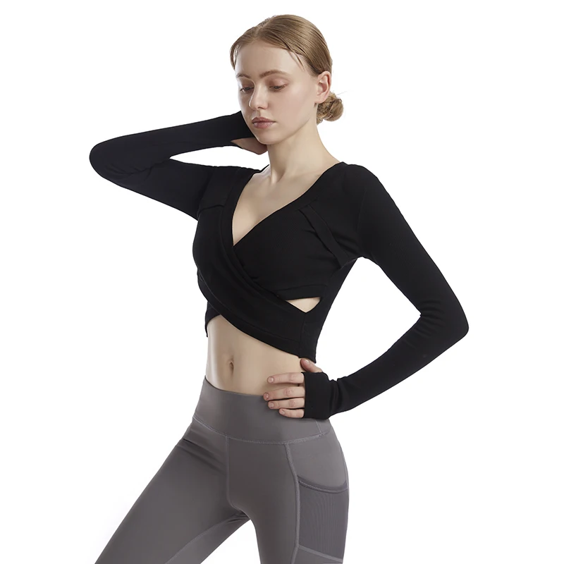 

Fashion Design Women Top Sexy V Neck Black Long Sleeve T Shirts Knitted Fabric Yoga Fitness Wear Short Tops, Black, blue, pink, gray, fluorescent green