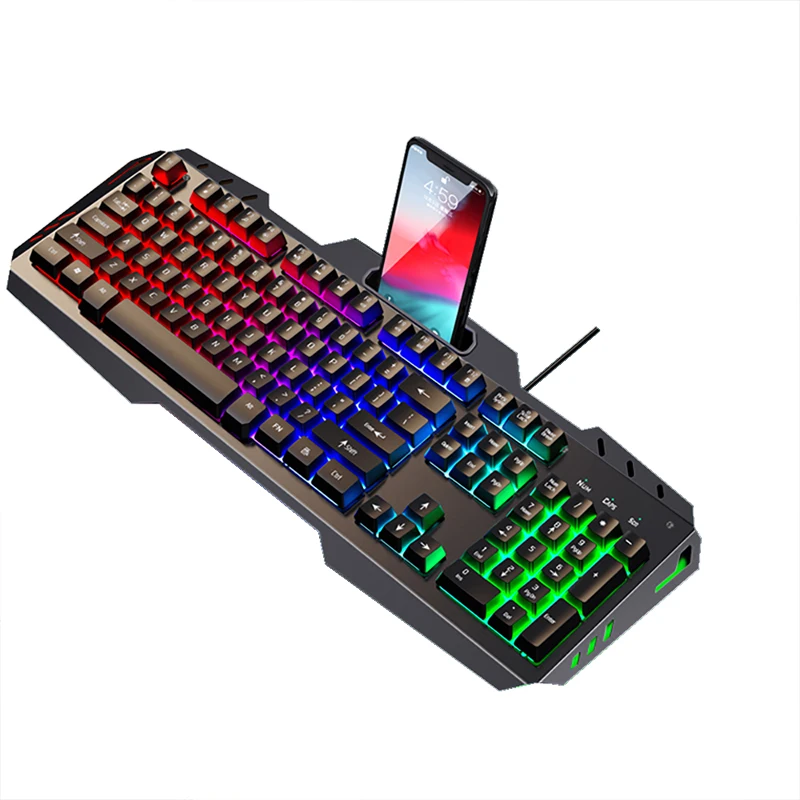 

GX80 Metal Panel Mechanical Feel USB Wired Keyboard Black Rainbow Light Gaming Membrane Keyboard