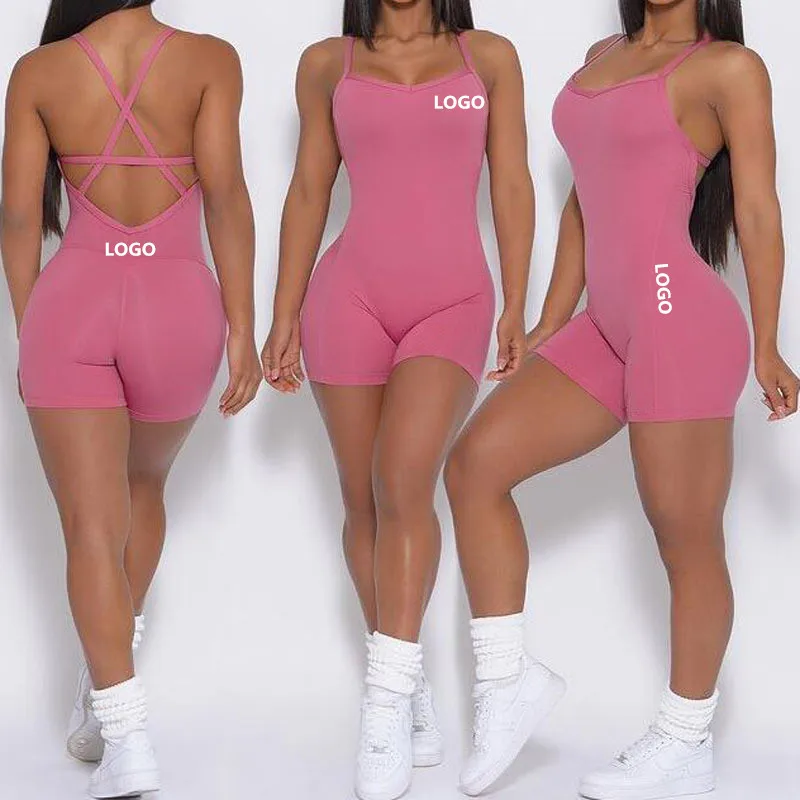 

one pieces suit set workout shorts jumpsuit sports gym wear backless workout bodysuit yoga shorts sets for women, Solid color