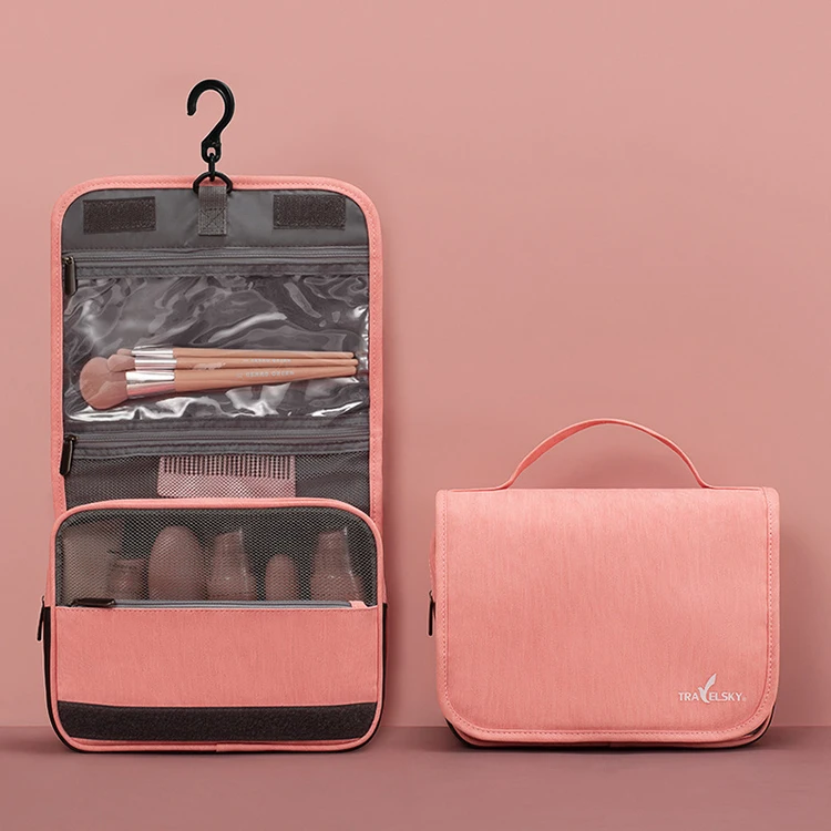 

SPB033 Waterproof pink women makeup cosmetic organizer men pu leather toiletry bag travel bag with hanging hook