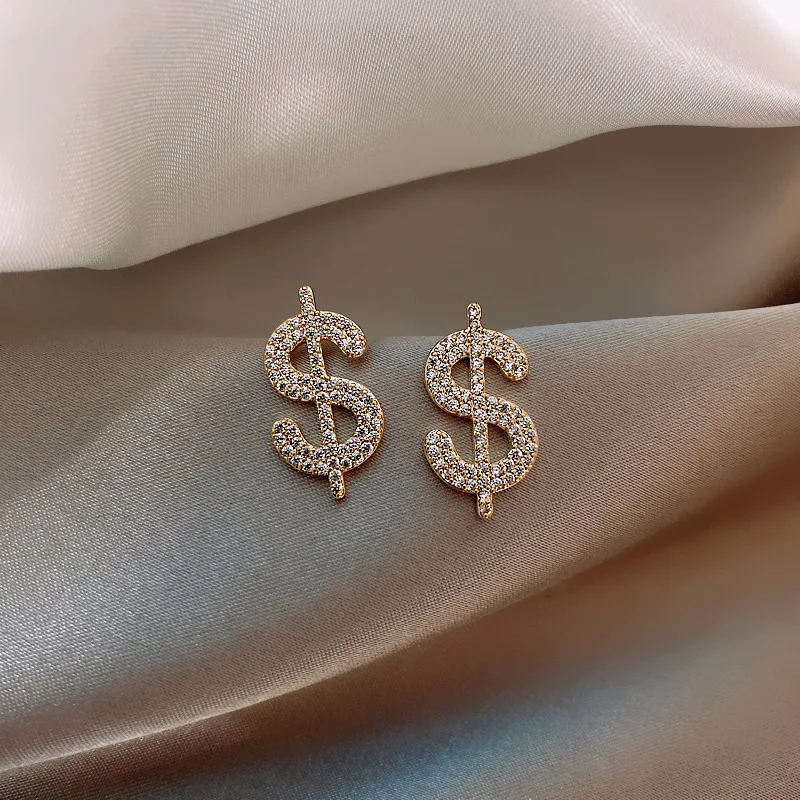 

European Shiny Cubic Zirconia US Dollar Sign Stud Earring For Women Girls