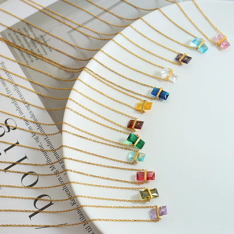 

12 Months Stainless Steel Colorful Rainbow Zircon Necklaces Crystal Pendant Necklace Birth Stone Necklace Rectangle Chain