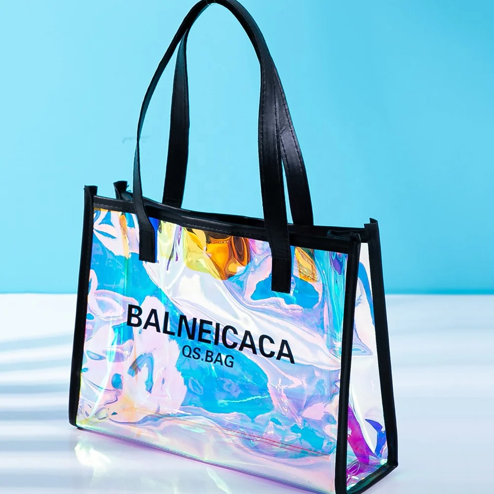 

Custom Beach Clear PVC Hologram tote Bag Lady Handbag PVC Lining Makeup Private Label Ladies Fashion Colorful Shoulder Bag, Blue, pink