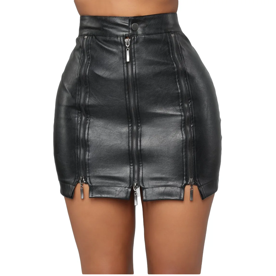 

Women's high waist bag hip nightclub PU zipper stitching strap black leather skirt