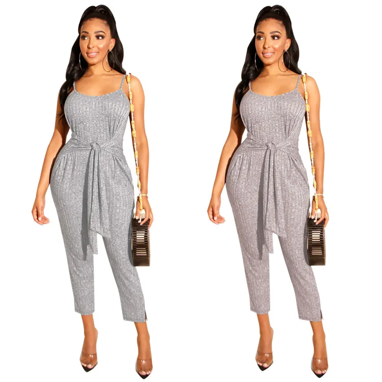

New Style Ladies Jumpsuits Rompers Casual Sashes Grey Suspender Women Clothing Custom Summer One Piece Women Jumpsuit, Customized color
