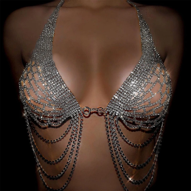 

Long Tassel Crystal Bodysuit Lingerie Top Underwear Set for Women Bling Rhinestone Body Chain Bikini Thong Bra Jewelry, Silver gold