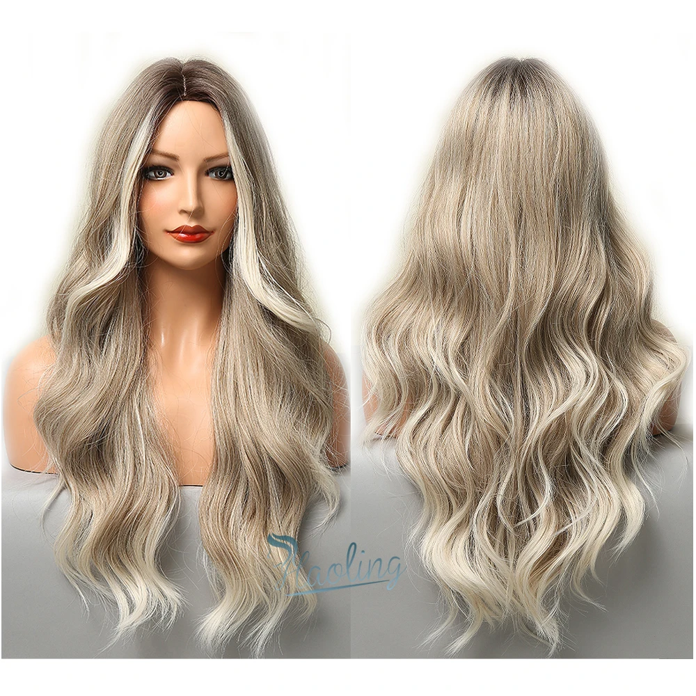 

HAOLING OEM/ODM Long Ombre Brown Light Ash Platinum Blonde Wavy Wigs curly synthetic wig for Women, Gray white gold