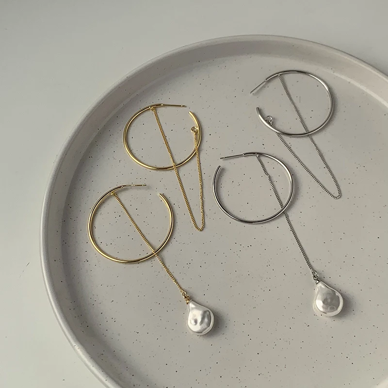 

Vershal A-312 Statement Earrings 18k Gold Plated Oversize Circle Chain Pearl Tassel Hoop Earrings