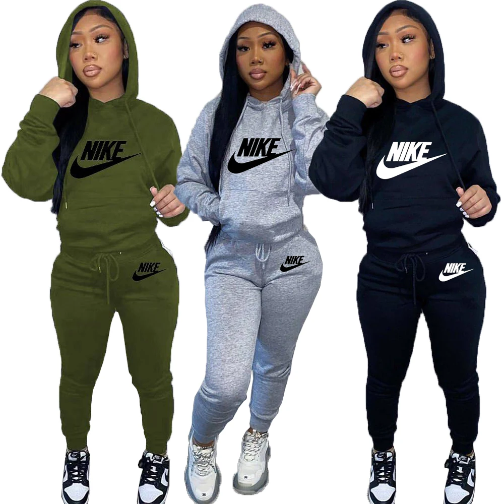 

Nike Women Hooded Sweater Casual Sports Pants Winter 2-Piece Set