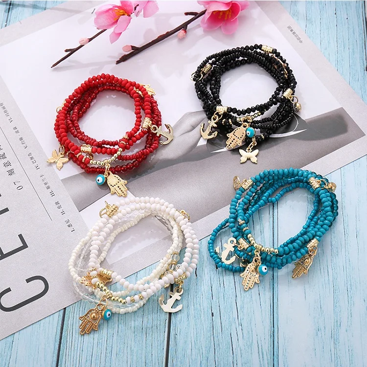 MOB Moyamiya Hot Sell Bohemian Seed Bead Multistrand Bracelet Turkish Blue Eye Fatima Hand Evil Eye Bracelet