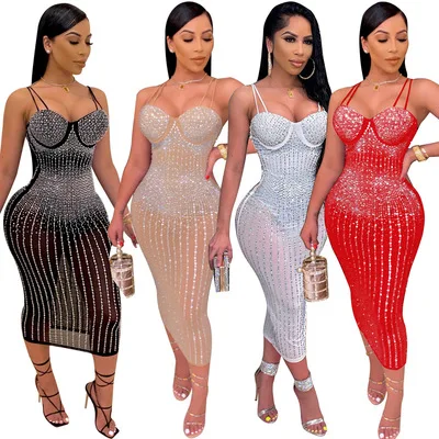 

Hot Sale Autumn Mesh Rhinestone Casual Woman Midi Dress Fashion Trend Ladies Fall Night Club Womens Sexy Dresses