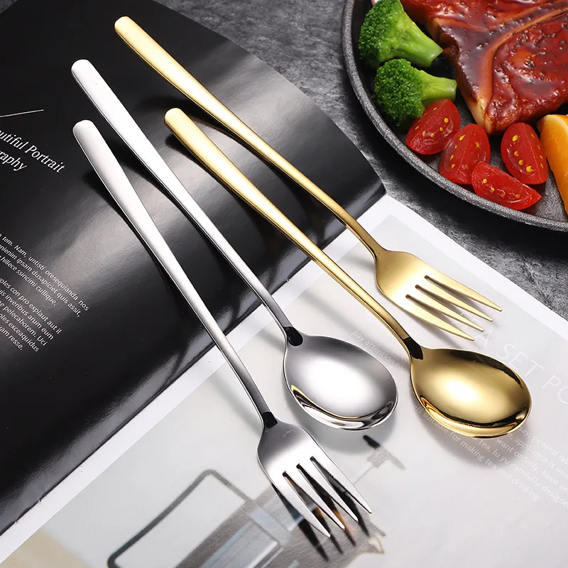 

New Style 2021 Metal Stainless Steel Korean Rose Gold Soup Rice Round Table Long Fork Spoon, Silver,gold