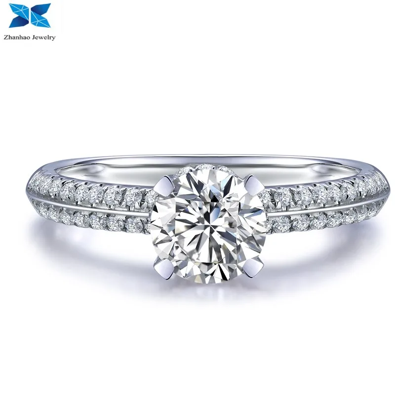 

18K white gold moissanite ring US 7# center stone 1.0carat and size stone 52 pcs small size moissanite beads