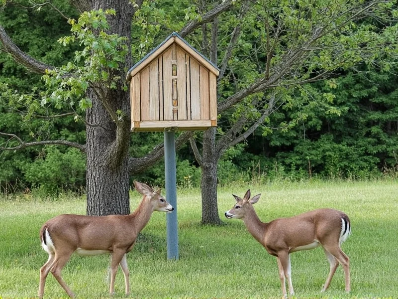 Completed DIY deer feeder mounted on tree with deer approaching