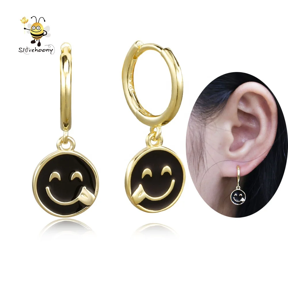 

Smiley Face Pendant Hoop Earrings Black Enamel Earrings Sterling Silver 925 Jewellery 18k Gold Earrings For Women 2021 Jewelry, Silver/gold/ rose gold